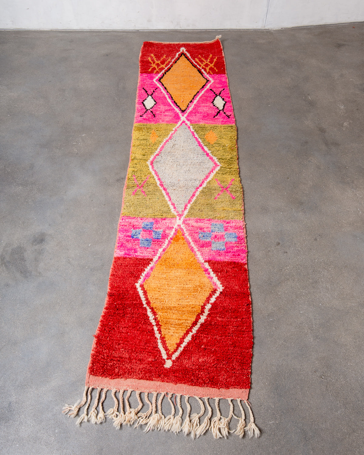 Modern, designer, handcrafted Berber runner rug from Morocco. Vintage carpet with beautiful colours and patterns and fluffy texture